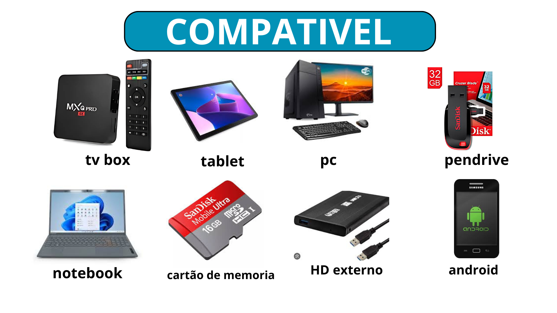 Compatível com PC, Notebook, TV Box, Celular Android, Cartão de Memória, Pendrive, HD Externo e Tablet